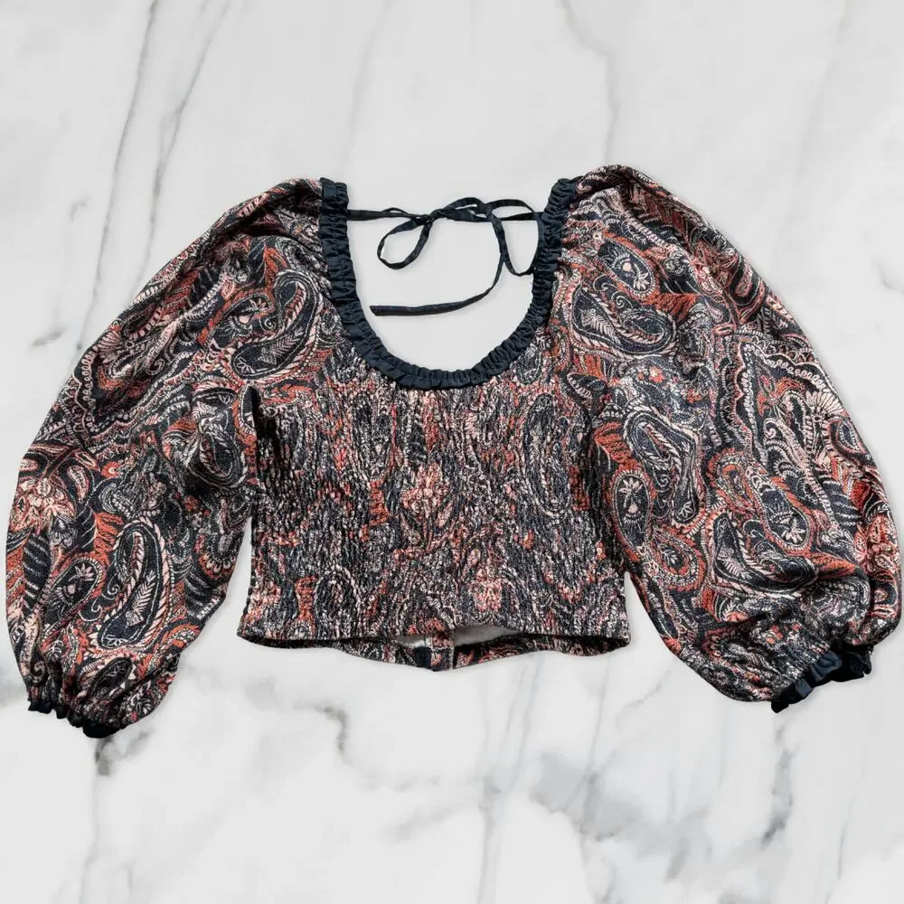 Free People Dare Me Tie Back Velvet Paisley Puff Sleeve Blouse Medium
